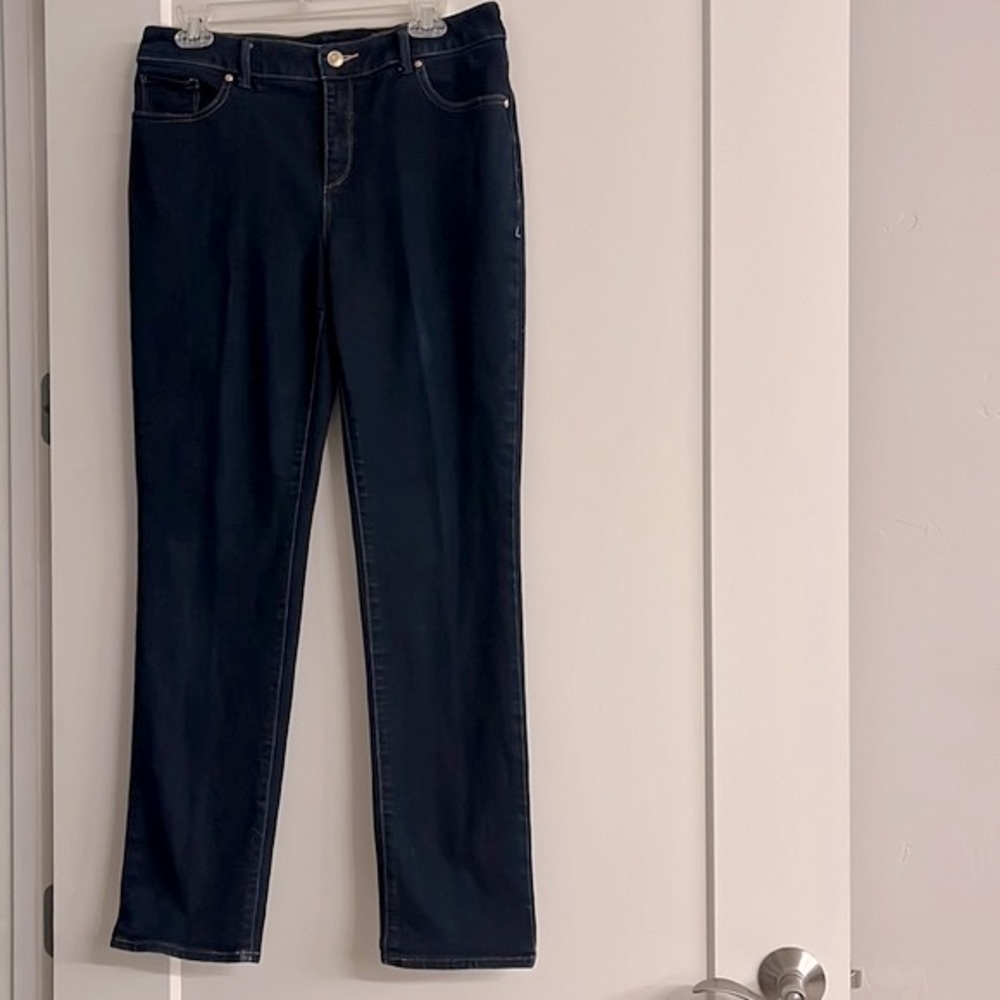 Chico’s So Slimming Slim Jeans. Size 1R (8) very good condition! Dark blue denim